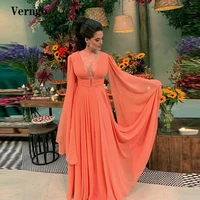 verngo blush pink chiffon a line prom dresses puff long sleeves v neck floor length arabic women simple formal evening gowns