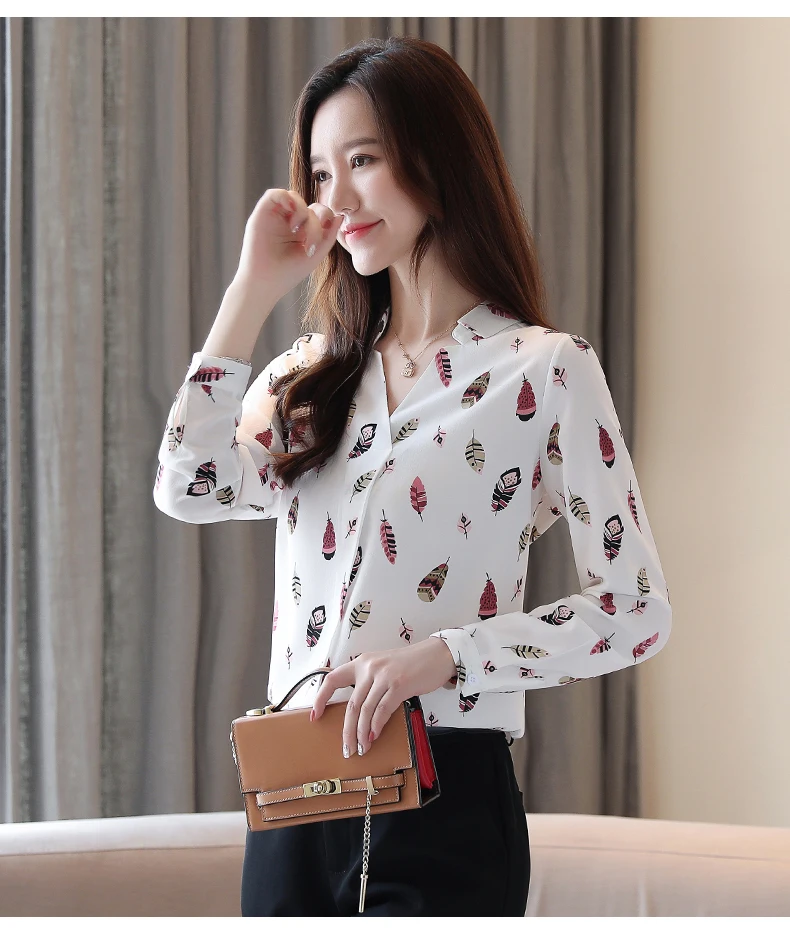 blusas mujer de moda long sleeve print V-neck chiffon shirt women shirts Office Lady blouse womens tops and blouses 5709 50
