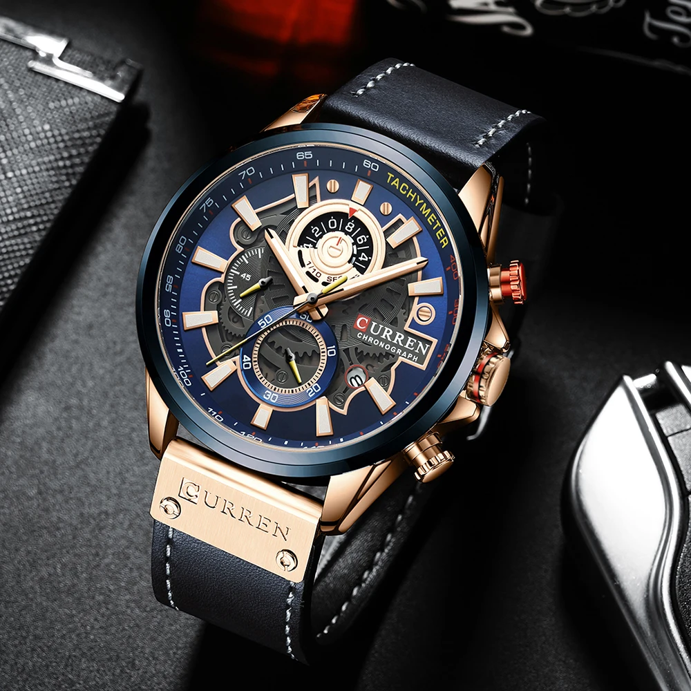 CURREN часы для мужчин Топ бренд кожаный ремешок наручные модные Хронограф