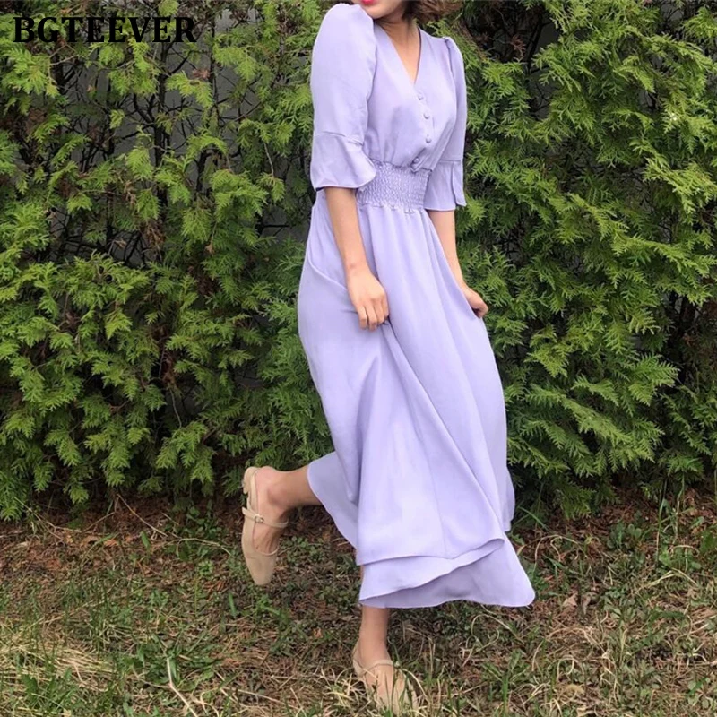 BGTEEVER винтажное платье с v образным вырезом и рюшами женское рукавом на завязках