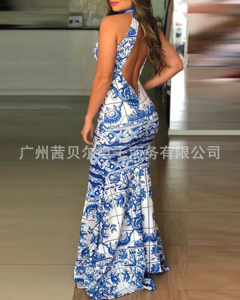 

2021 new blue print open back split dress