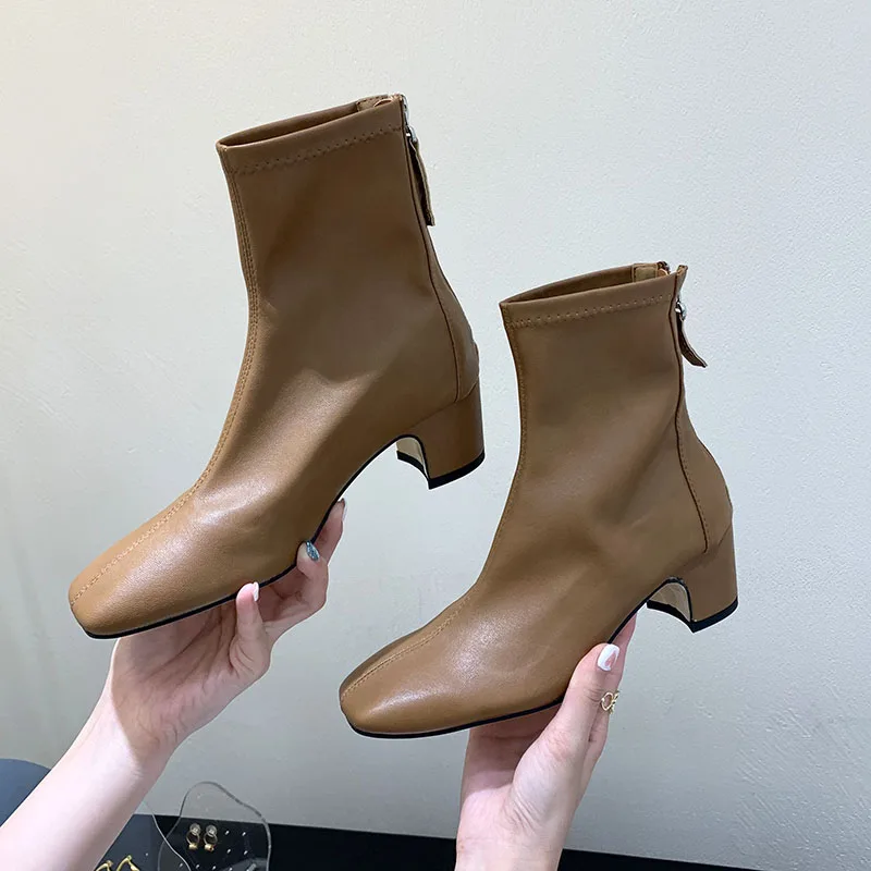 

Elegant Half Short Boots Women High Heel Shoes Woman Platform Thick Heel Shoes Short Boots Zipper Office Lady Street Footwear