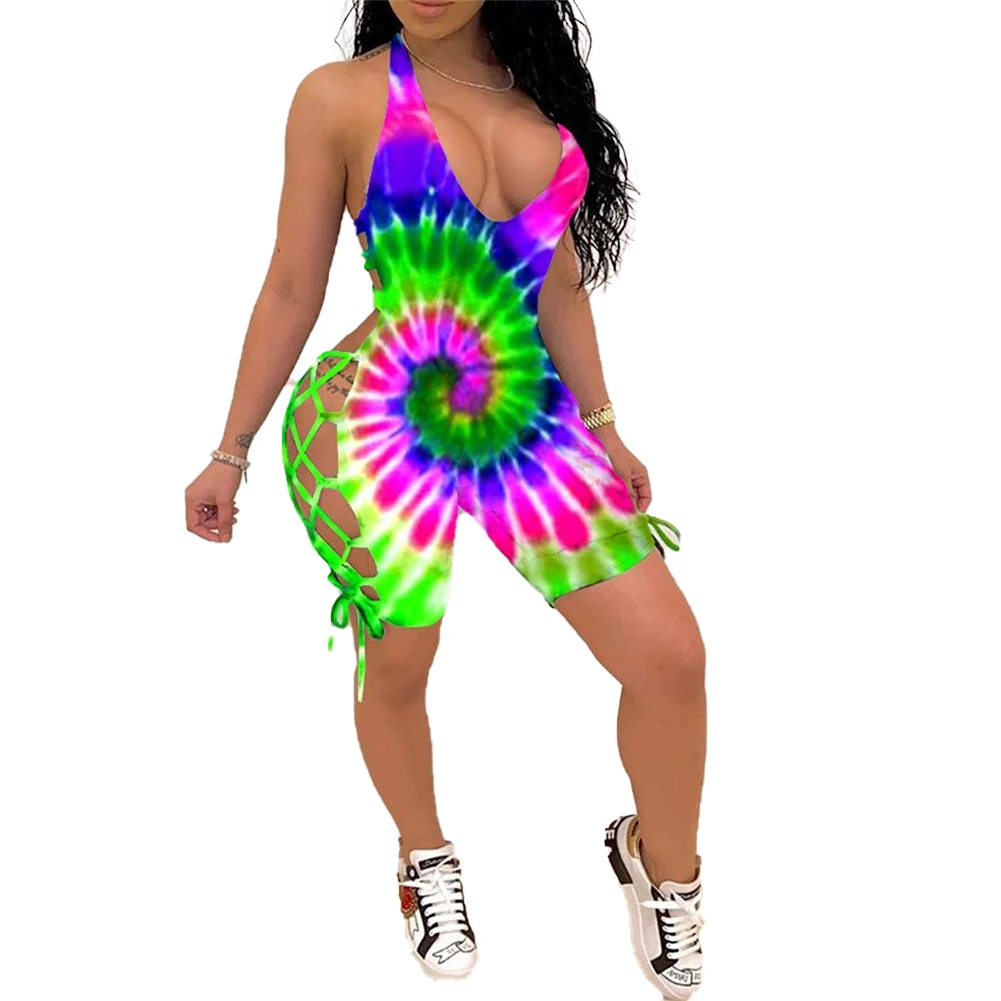 

Women's Sling Jumpsuit Summer Clothes Fashion Sexy Tie-dye Hollow Out Lace Up Sleeveless Backless Bodysuit