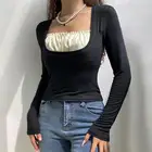 Футболка с длинным рукавом и квадратным вырезом, демисезонная новинка, модный универсальный Тонкий Топ в студенческом стиле для девушек, 2021