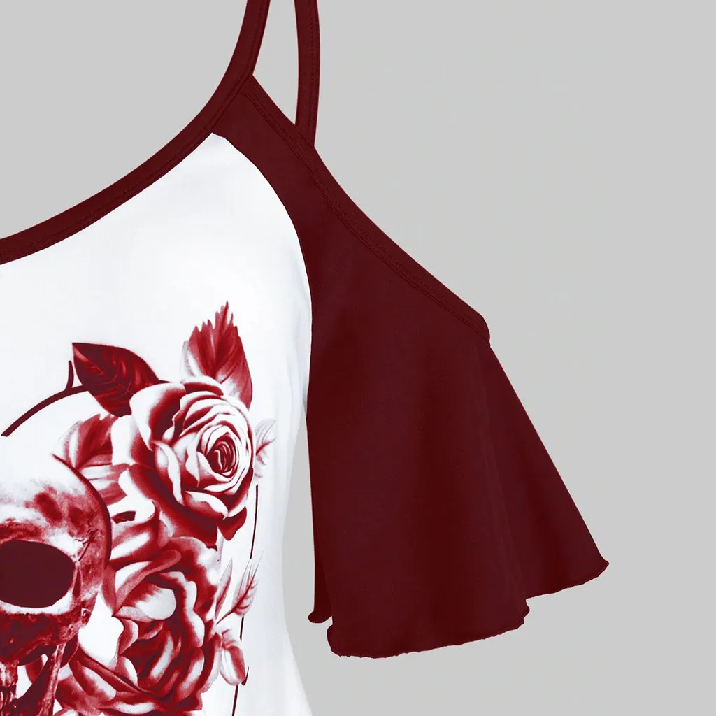 Женская летняя футболка с открытыми плечами принтом в виде черепа и цветов