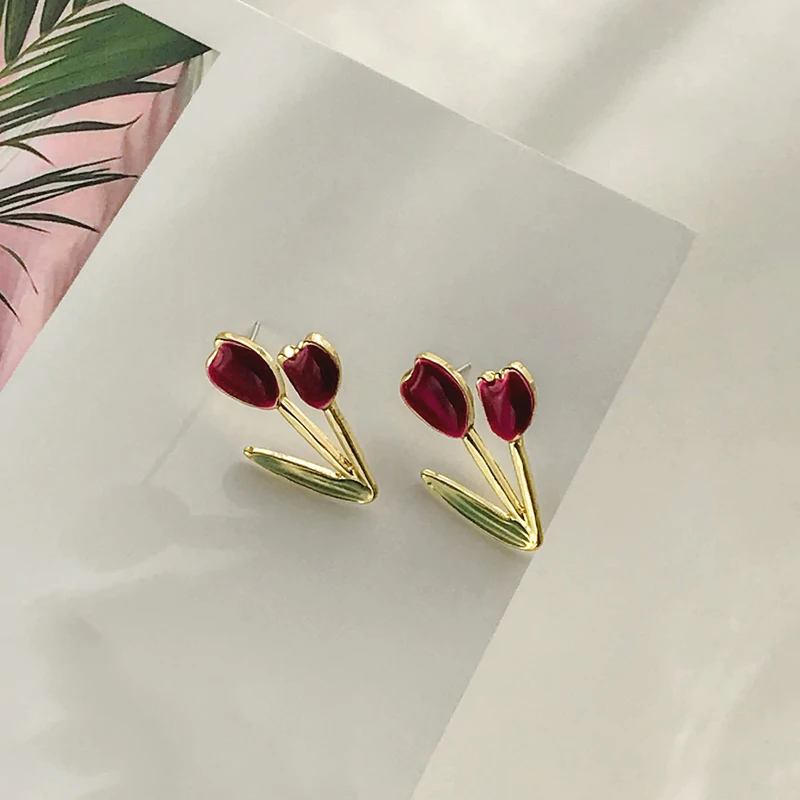 

S925 needle Sweet Jewelry Flower Earrings 2021 New Design Metal Alloy Golden Plating Plant Red Earrings For Girl Women Gifts