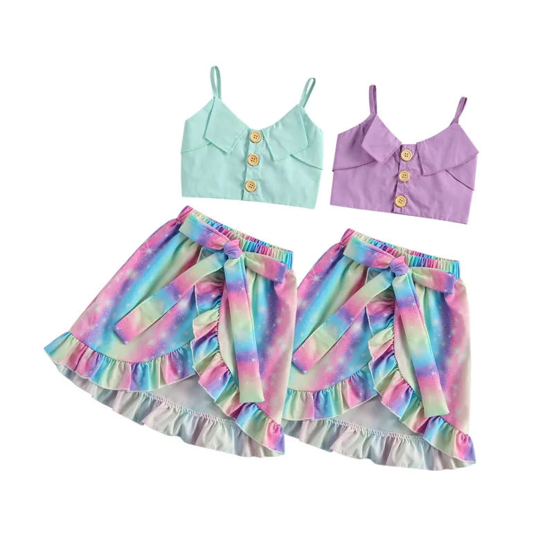 

6M-4T Baby Girls Suit Tank + Skirt, Fashion Tie-dye Pattern, Bow Decoration Irregular Hem Ruffle Summer Clothing