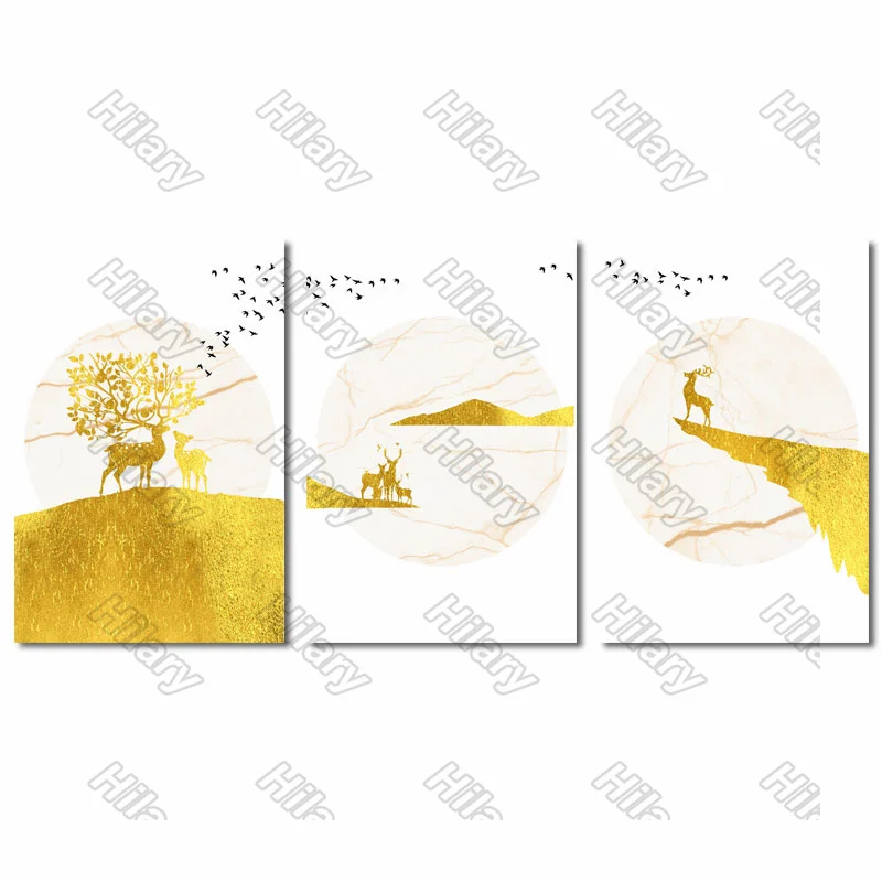 

Posters Golden Animal Deer Abstract Canvas Painting Posters and Prints Wall Art Pictures for Living Room and Bedroom 3Pcs