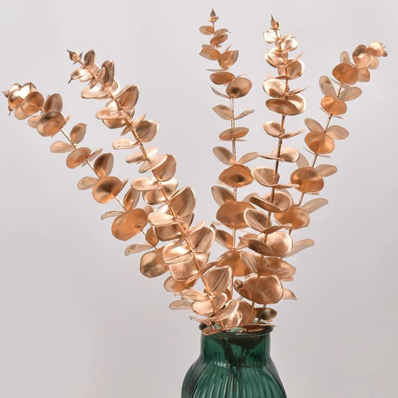 

1PC Three-pronged Fan Leaf Netting Artificial Gold Ginkgo Eucalyptus Holly For Wedding Arch Flower Arrangement Home Decor Crafts