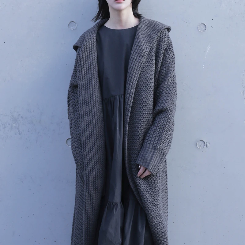 2019 Winter Women Poncho Long Sleeve Oversize Knitted Thick Dark Gray Cardigans Coat Hooded Sweater Jumper Cape |