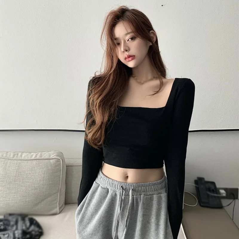 

Women's Korean Square Collar Exposed Navel Long Sleeve T Shirt Top New