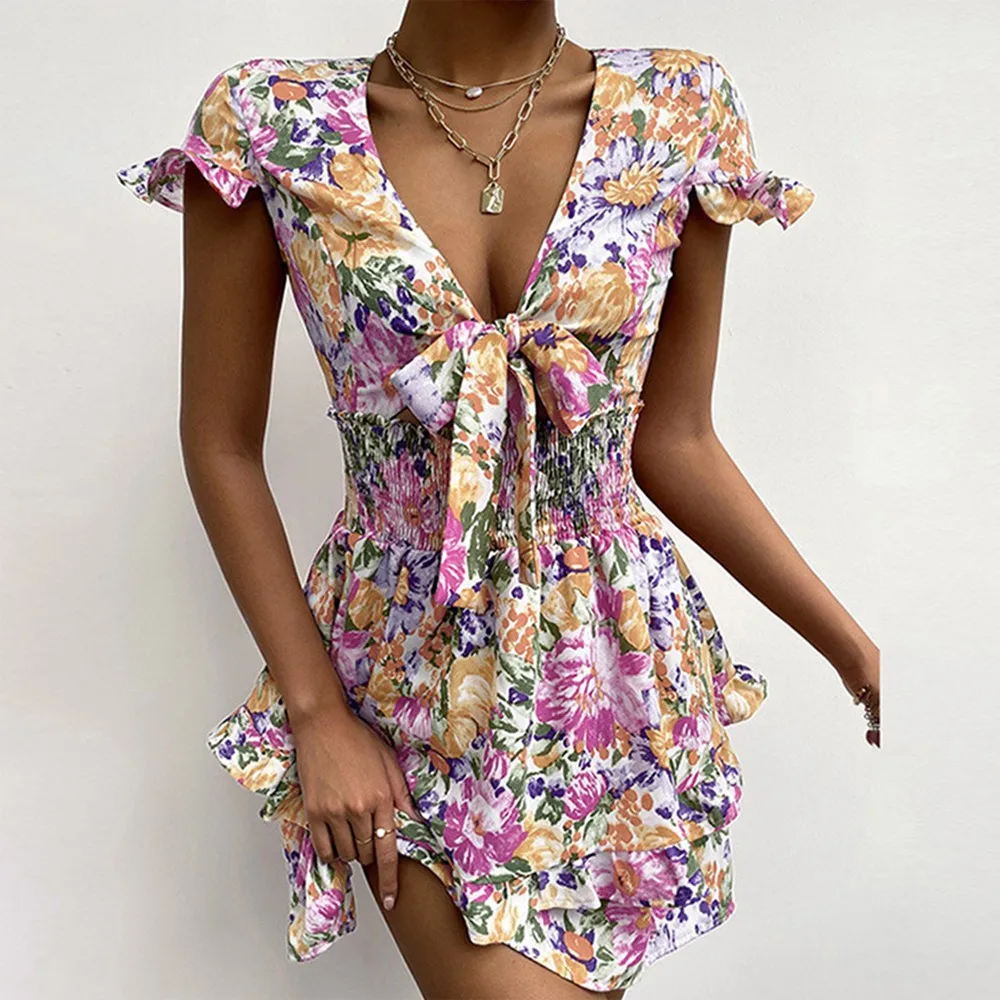 

Summer Dress Women Floral Print V-neck Mini Dress Casual Slim Short Ruffle Sleeve Tied Detail Bow Tight High Waist Short Dress
