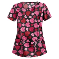 cinessd love heart print women tee shirts v neck short sleeves pocket casual tops office lady fashion printed patchwork tshirt