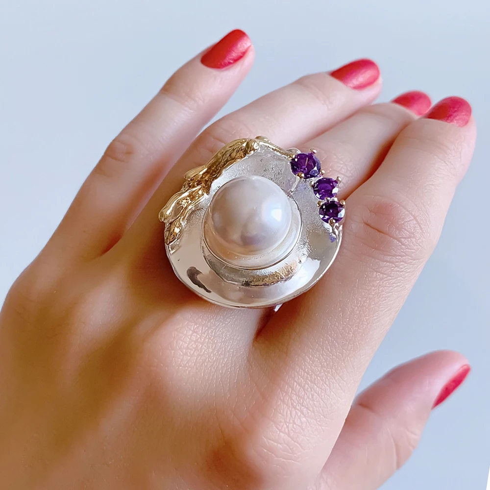 Лучший подарок большой круглый лист дизайн кольцо 14 мм белый жемчуг/фиолетовый CZ