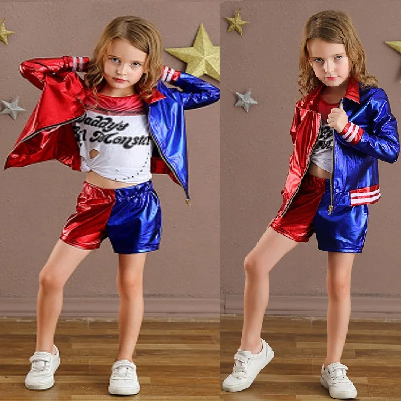

Halloween Suicide Cosplay Costumes Squad Monster Kids Girls Party Joker Jacket Suit Wig Gloves Costumes Carnival T-Shirt