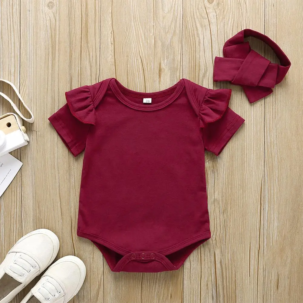 

3pcs Solid Baby Girls Clothes Set Lovely Sweet Short Sleeve Daily Leisure Romper and Floral Pants and Headdress Suits