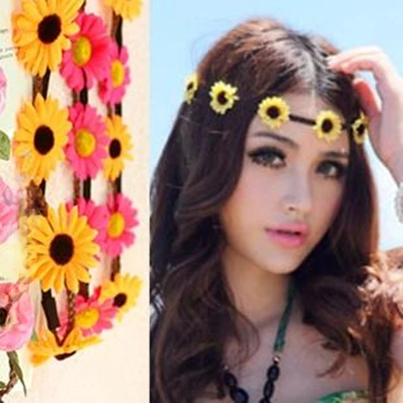 

Fashion Women Bride Flowers Headband Bohemian Style Rose Flower Crown Hairband Ladies Elastic Beach Hair Accessories