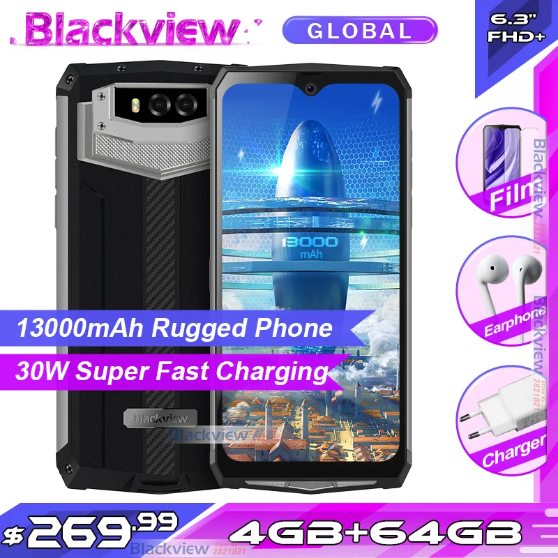 Blackview BV9100 6,3 ''FHD+ 13000mAh IP68 прочный смартфон 4 Гб 64 Гб Helio P35 Восьмиядерный Android 9,0 мобильный телефон 30 Вт Быстрая зарядка