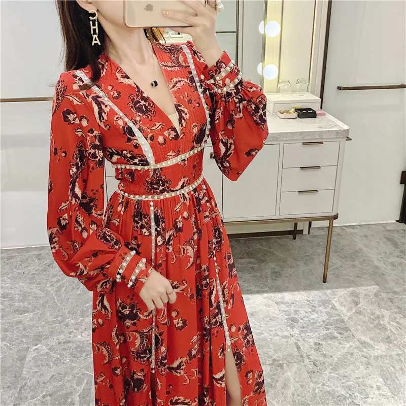 Женское Макси-платье, винтажное, Vestidos, Осеннее, женское, новое, с v-образным вырезом, с красным принтом, с жемчужинами, с разрезом, с длинным рукавом, Пляжное, длинное платье