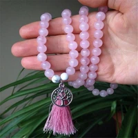 8mm pink crystal gemstone 108 beads tassels mala necklace energy wristband cuff monk pray wrist chakas handmade