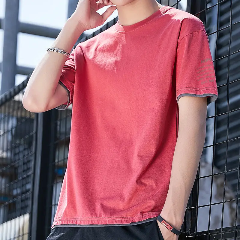 

T-shirt men's 100% cotton men's T-shirt solid color trend cotton T-shirt jacket loose version half sleeve youth bottoming shirt