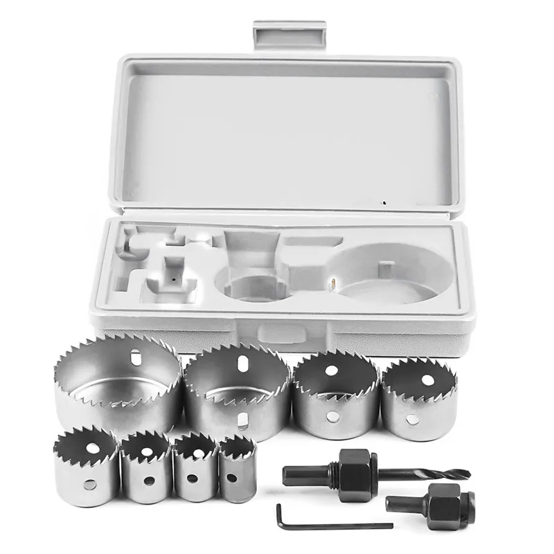 

11pcs/Set Hole 19-64mm Mandrels Hex Wrench Carbon Steel Saw Wood Metal Cutting Tool Woodworking Hole Ppener Reamer Saw Set