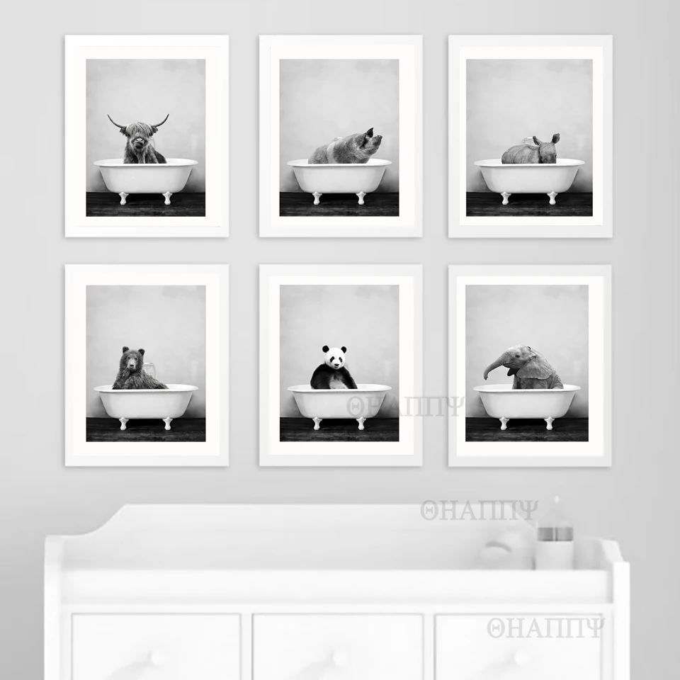 

Baby Animal in Bathtub Poster Panda Giraffe Elephant Lion Pig Cow Canvas Painting Nursery Wall Art Picture Kid'sroom ’Unframed