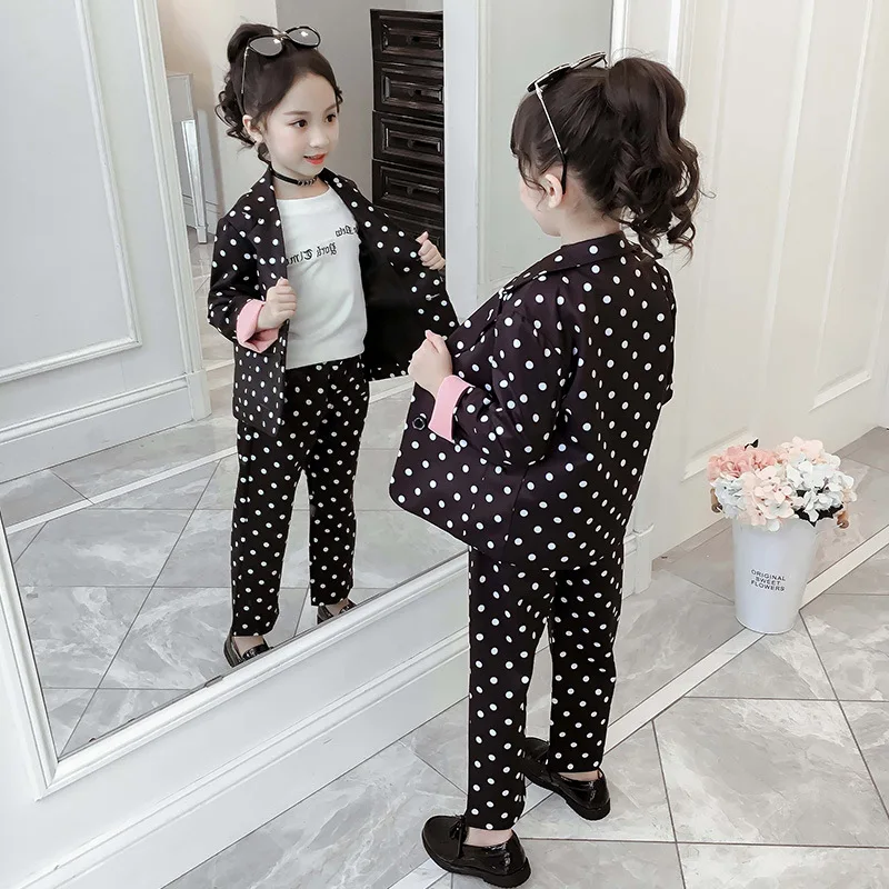 Детские модные комплекты одежды для девочек Осенний блейзер в горошек + штаны 2