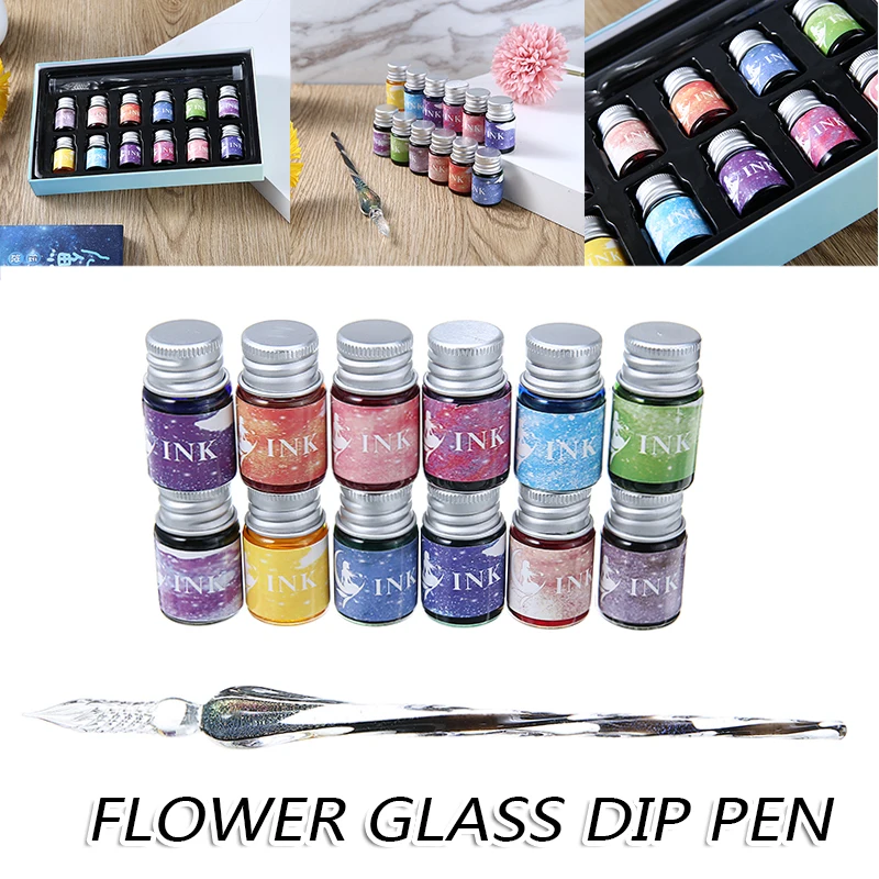 1 комплект прозрачная Цветочная стеклянная ручка 3d-цветная чернильная авторучка