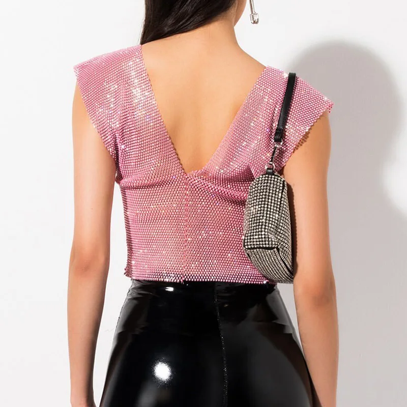 Sparkly Rhinestone V Neck Tank Top For Women Candy Color Mesh Sexy Hollow Festival Wear Sexy Bra Holiday Burning Man Outfit