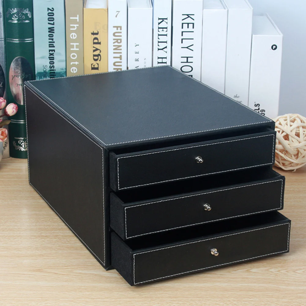 

1Pc Drawer Type Leather Desktop Cabinet Three Layers A4 File Box (Black)