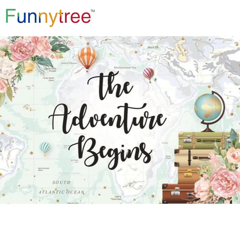 

Funnytree Wedding Backdrop Adventure World Travel Flowers Spring Map Globe Hot Air Balloon Suitcase Bridal Photobooth Background