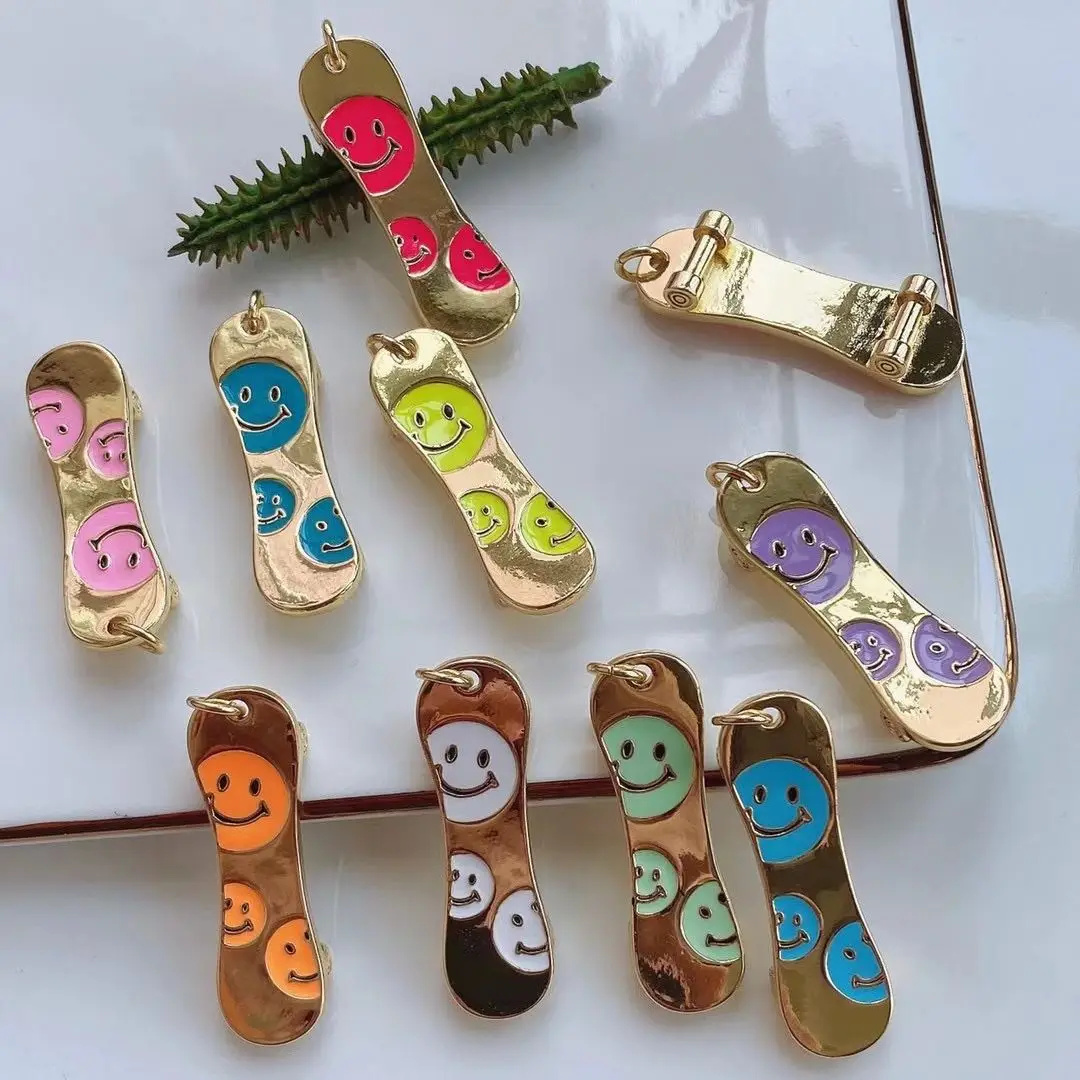 

10Pcs Multicolor skateboard pendant copper colorful enamel smiling face findings for necklace bracelet making