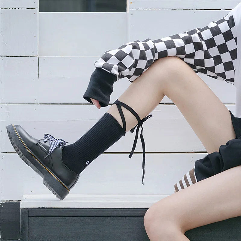 Fashion Lace-up Cotton Socks Japanese Handmade DIY Tie Rope Women's Casual Comfort Solid Color | Женская одежда