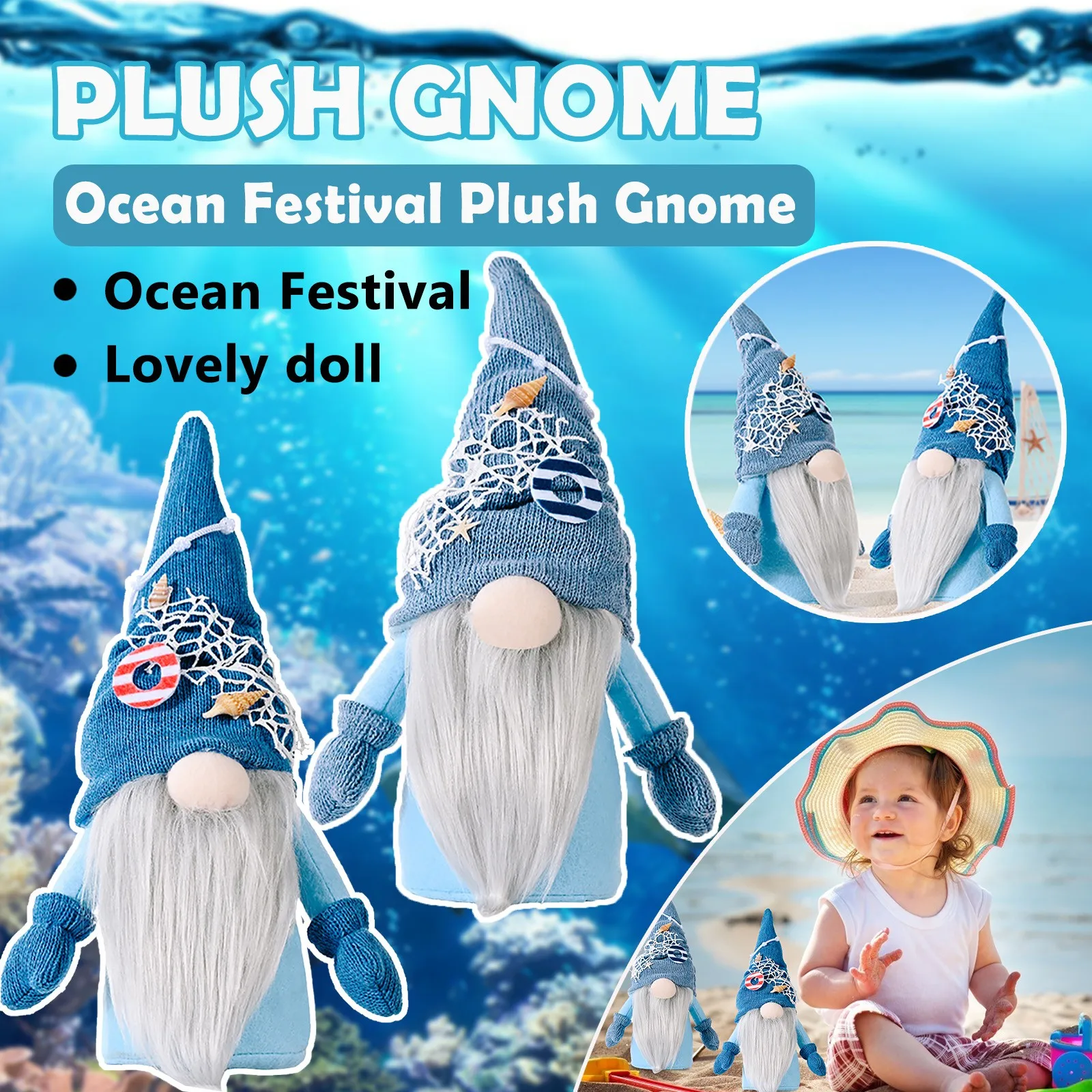 

2PC Ocean Festival Decor Gnome Deep Blue Luckily Faceless Doll Dispel the Heat Nautical Gnome Beach Elf Decor Kawaii Accessorie