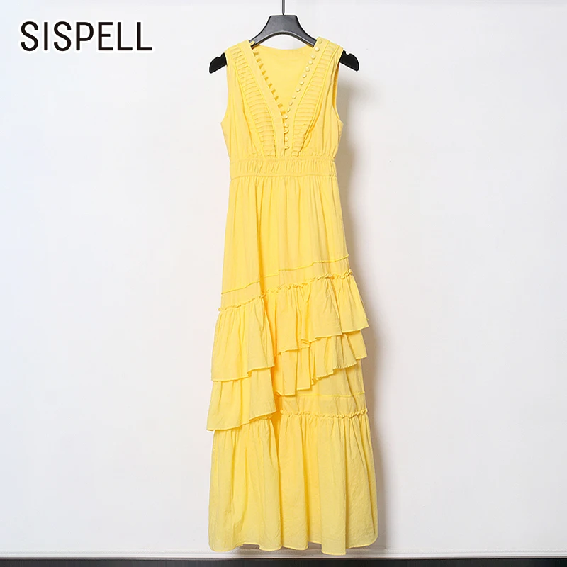 

Женское лоскутное платье SISPELL с оборками и V-образным вырезом, без рукавов, с высокой талией, стройнящее женское платье с рюшами, 2021