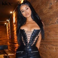 kliou hollow out bandage faux leather pu tank top women 2021 solid streetwear backless sleeveless sexy party clubwear outfits