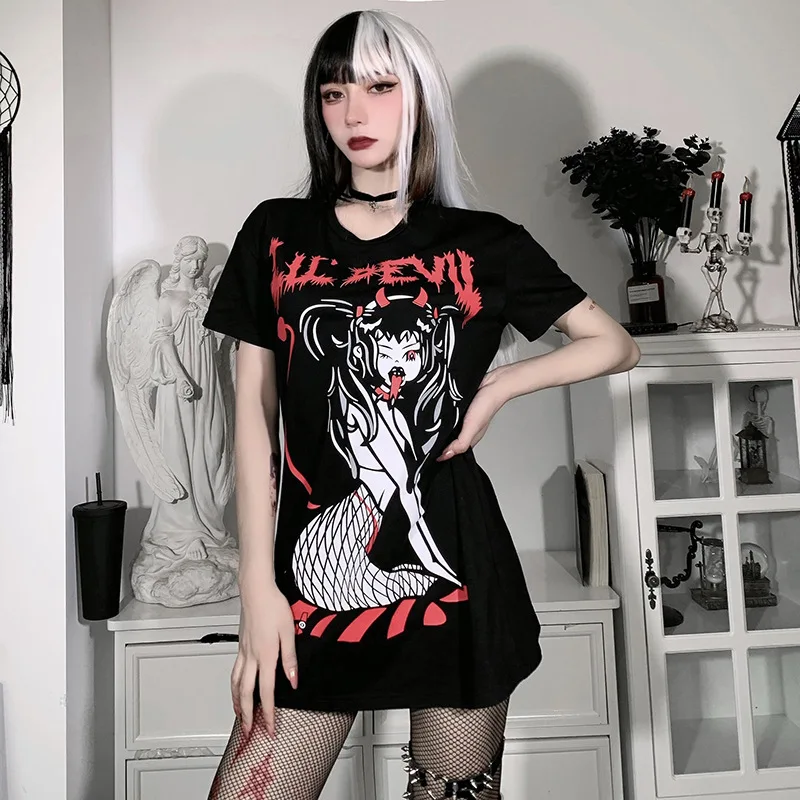 

2021 New Mall Goth Cat Person Print T-shirt Oversized Punk Grunge Y2K Short Sleeve Long Tops Harajuku Black T-shirts Streetwear