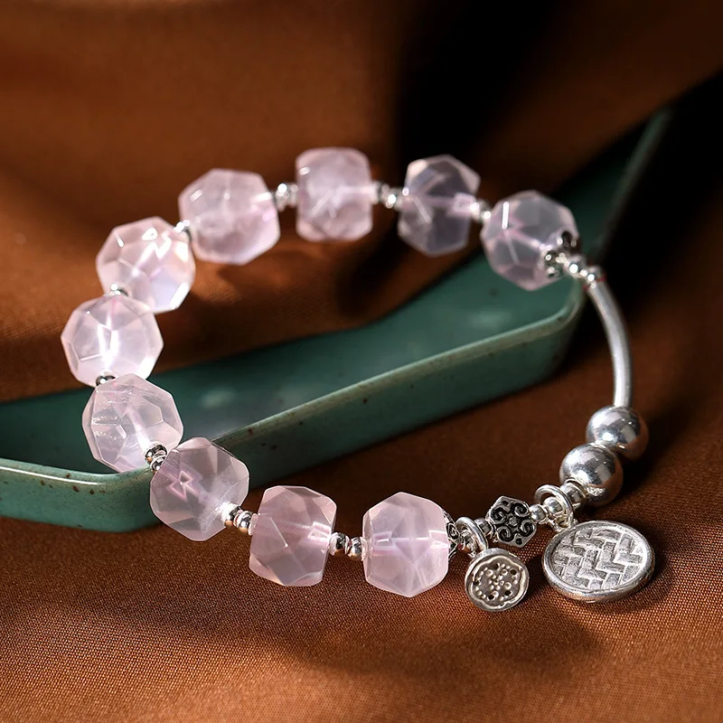 925 sterling silver natural pink crystal personality round brand Lotus seedpod retro literary Lady inlaid bracelet
