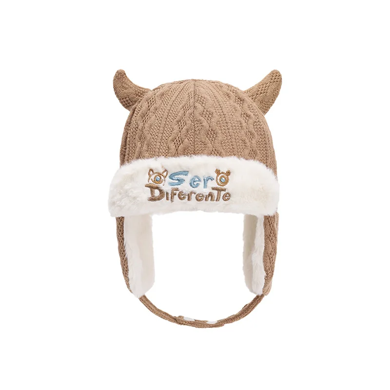 

Korean Cute Horn Hat Baby Warm Cashmere Cotton Knit Letterear Winter Hat Children's Newborn Photo Outfits 6-24 Months Kids Hats