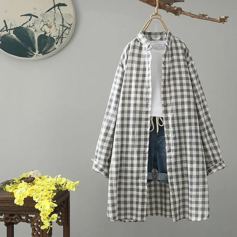 

Vintage Plaid Blouse Jackets Female Autumn Long Sleeve Outerwear Tops Stylish Loose Cotton Casual Shirt Coats Women Medium Long
