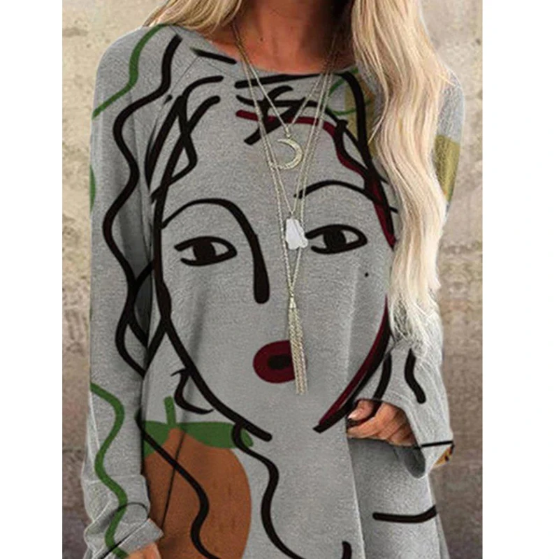 

Frauen Gesicht Drucken T-shirt Vintage Oansatz Shift Weibliche Casual Baumwolle Lose Langarm Tops Plus Gre