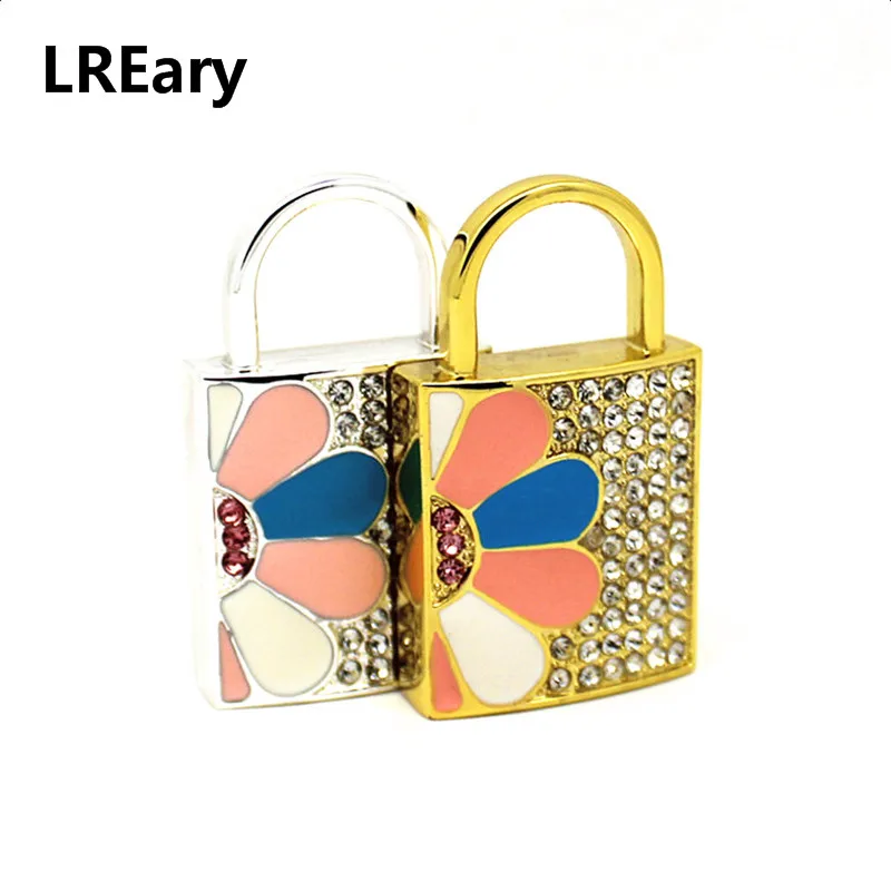 

Metal Jewelry Lock 128MB USB Flash Drive 4GB 8GB 16GB 32GB Crystal U disk Memory Stick 64GB Pendrive Pen Drive