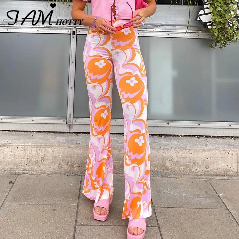 

Harajuku Flower Aesthetic Print Flare Pants Capri Women Colorful High Waist Baggy Sweatpants Cargo Trousers Summer Iamhotty