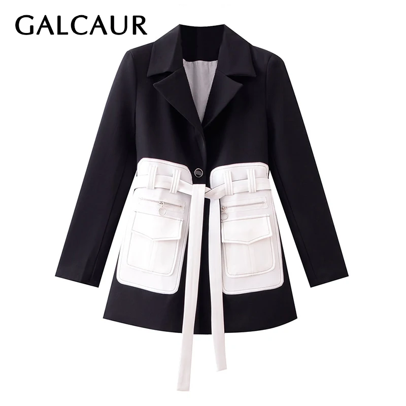 

GALCAUR Asymmetric Blazer For Women Notched Collar Long Sleeve High Waist Lace Up Patchwork Hit Color Coats Female 2020 New Tide