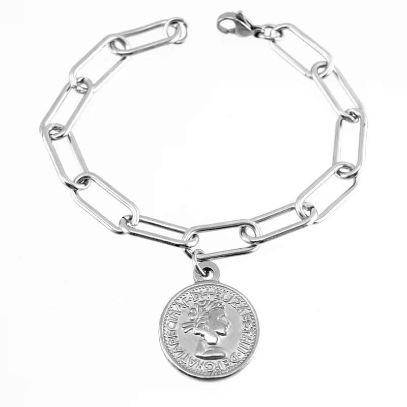 Long O coin silver Овальные Кабельные Браслеты для женщин, браслет золотого цвета с длинной цепочкой из нержавеющей стали, сделанные pulseras mujer - Окраска металла: Long O coin silver