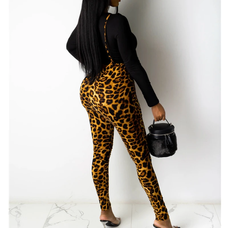

Fashion Woman Clothes Sleeveless Straps Bib Pants Overall Sexy Women Lady High Waist Leopard Skinny Trousers Club Street Clothes
