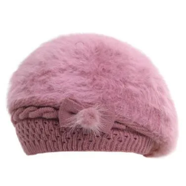 pink XdanqinX/Новинка года; зимние толстые бархатные женские теплые береты; Модная элегантная женская шапка; украшение для прически с бантом; шапки с кроличьим мехом - Color: pink