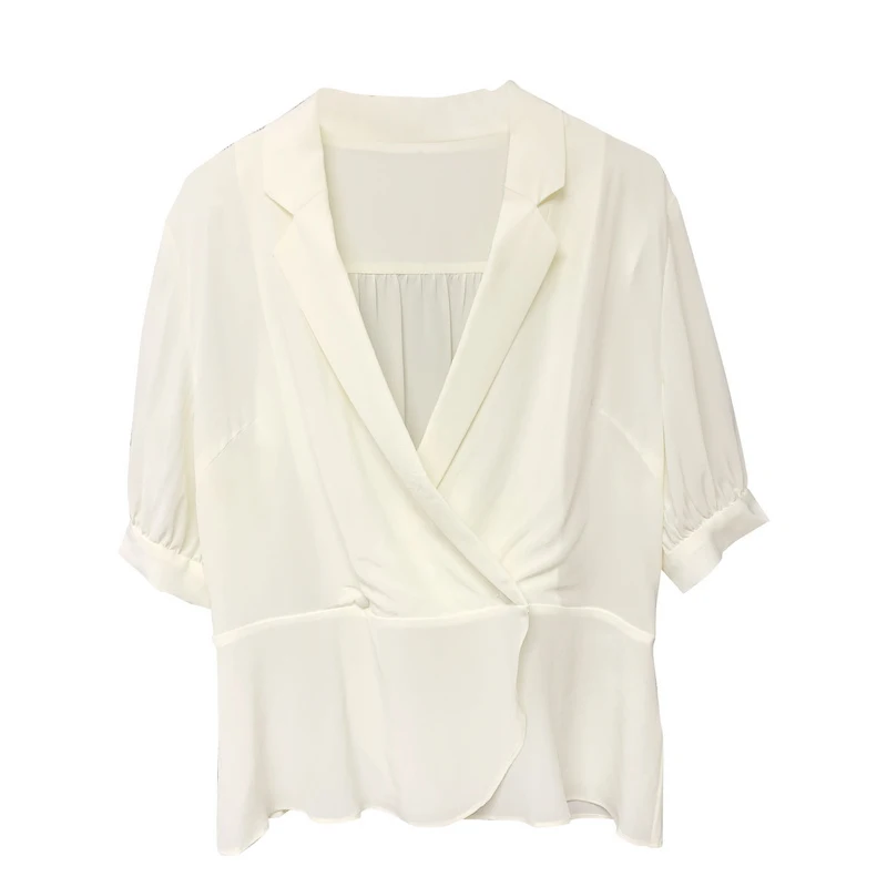 

New 100% silk Blouses & Shirts receive this style elegant French arts of clavicle suit collar short silk blouse is 682081