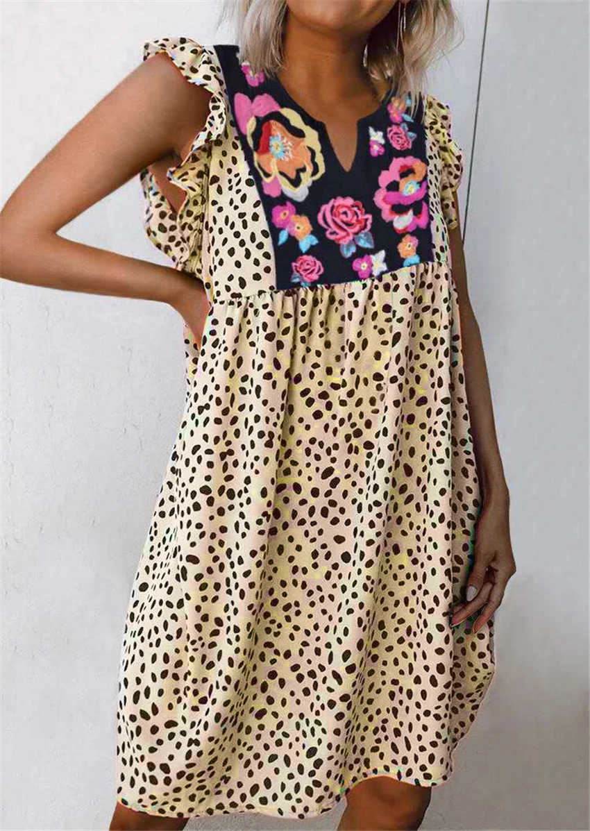 Платье женское леопардовое с цветочным принтом повседневный пляжный свободный